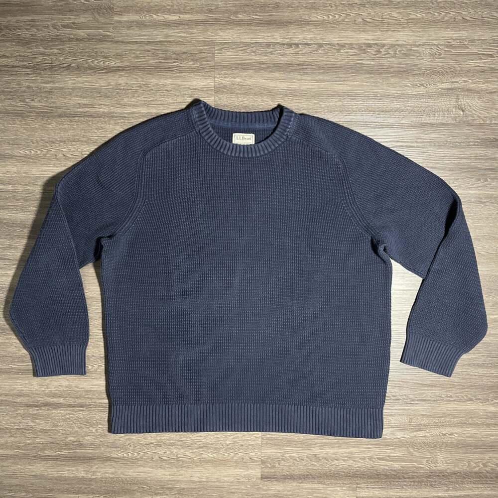 LL Bean Sunwashed Textured Cotton Crewneck Sweater Men's L Navy 522197 EUC